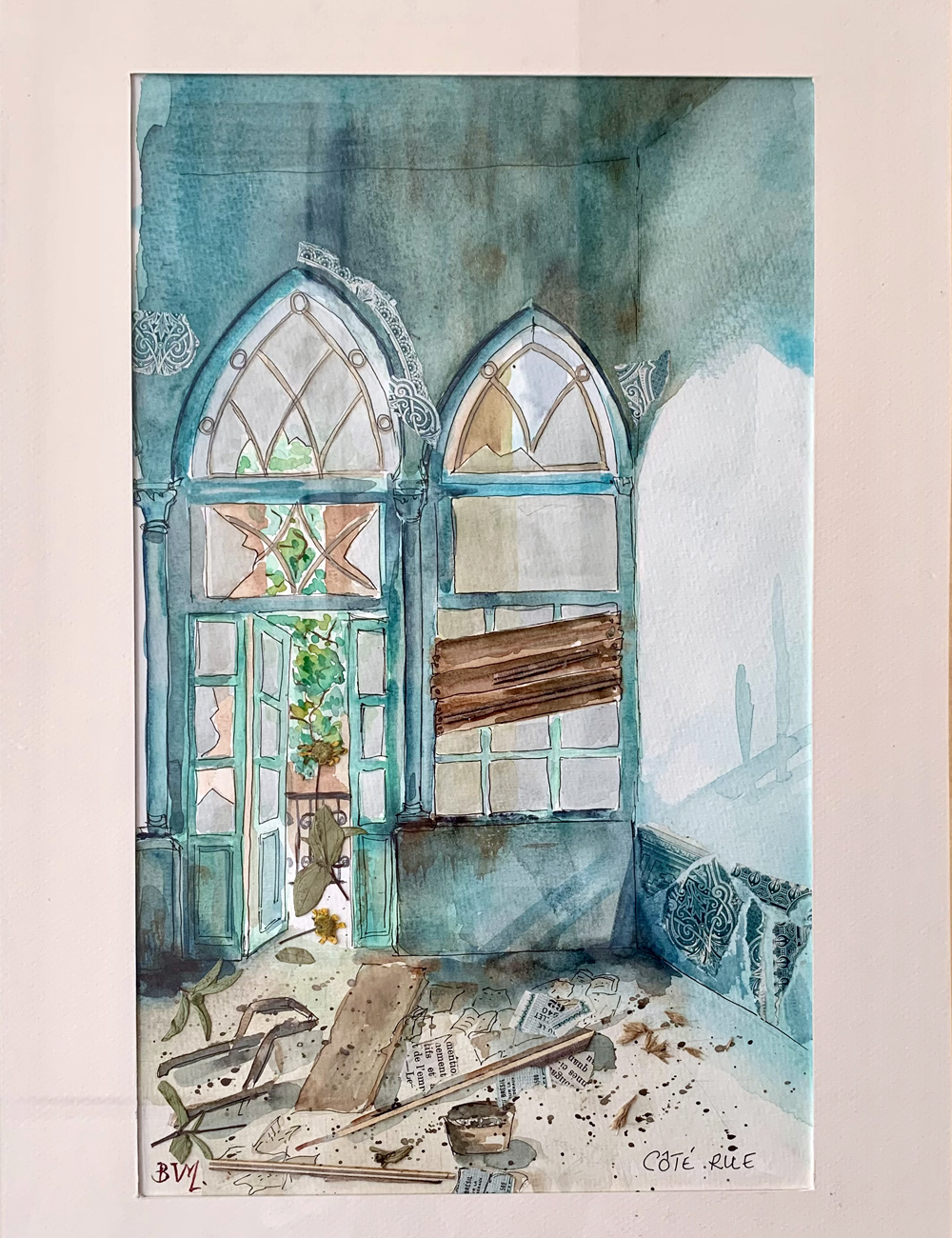 Original Watercolor and collage 36 X 22 Côté Rue