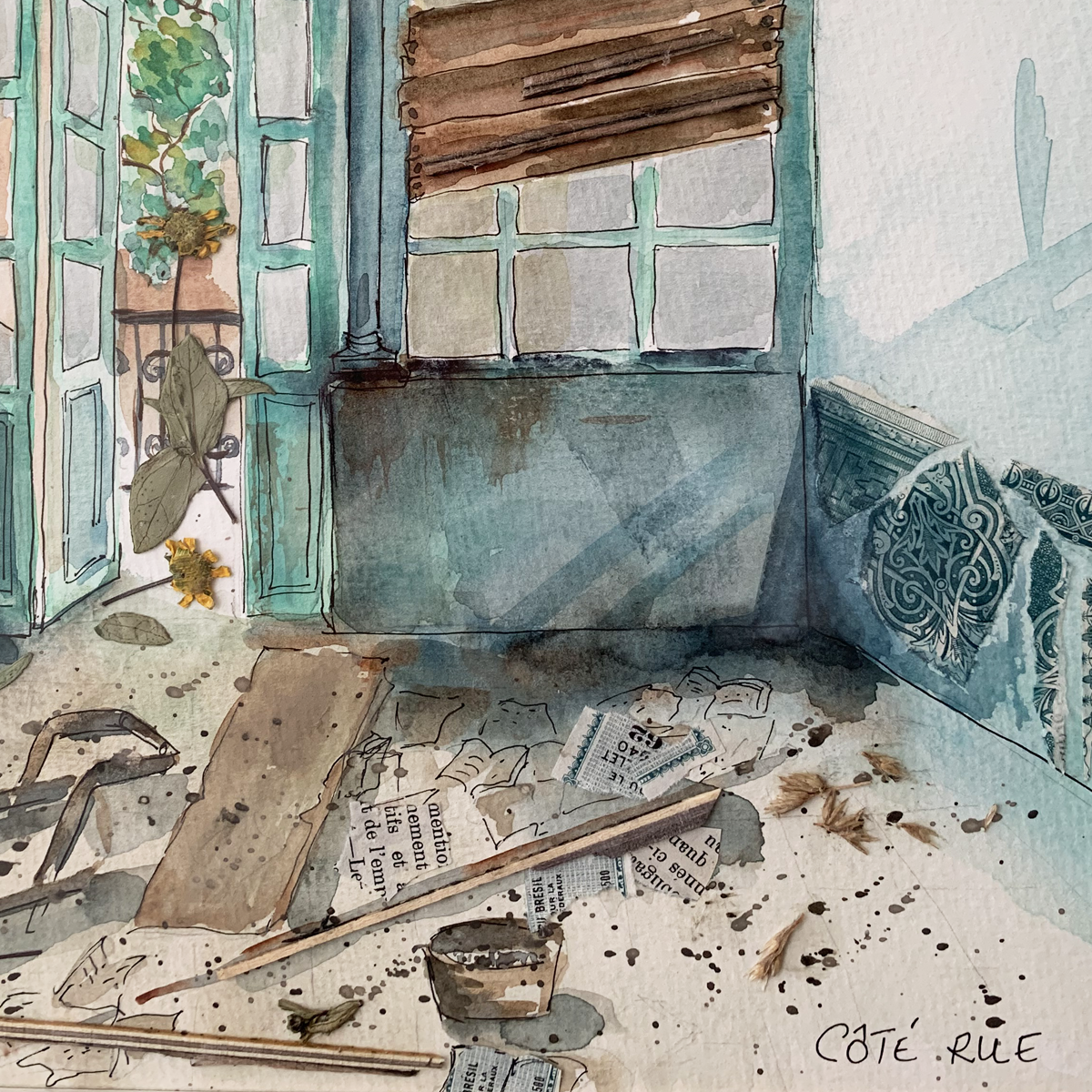 Original Watercolor and collage 36 X 22 Côté Rue