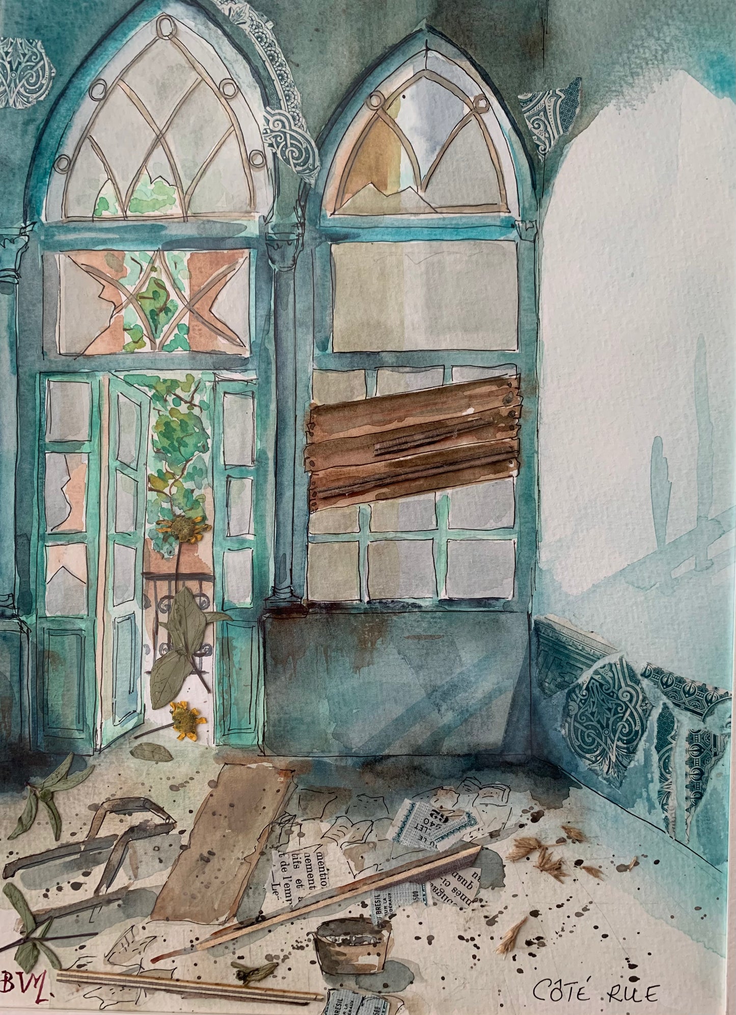 Original Watercolor and collage 36 X 22 Côté Rue