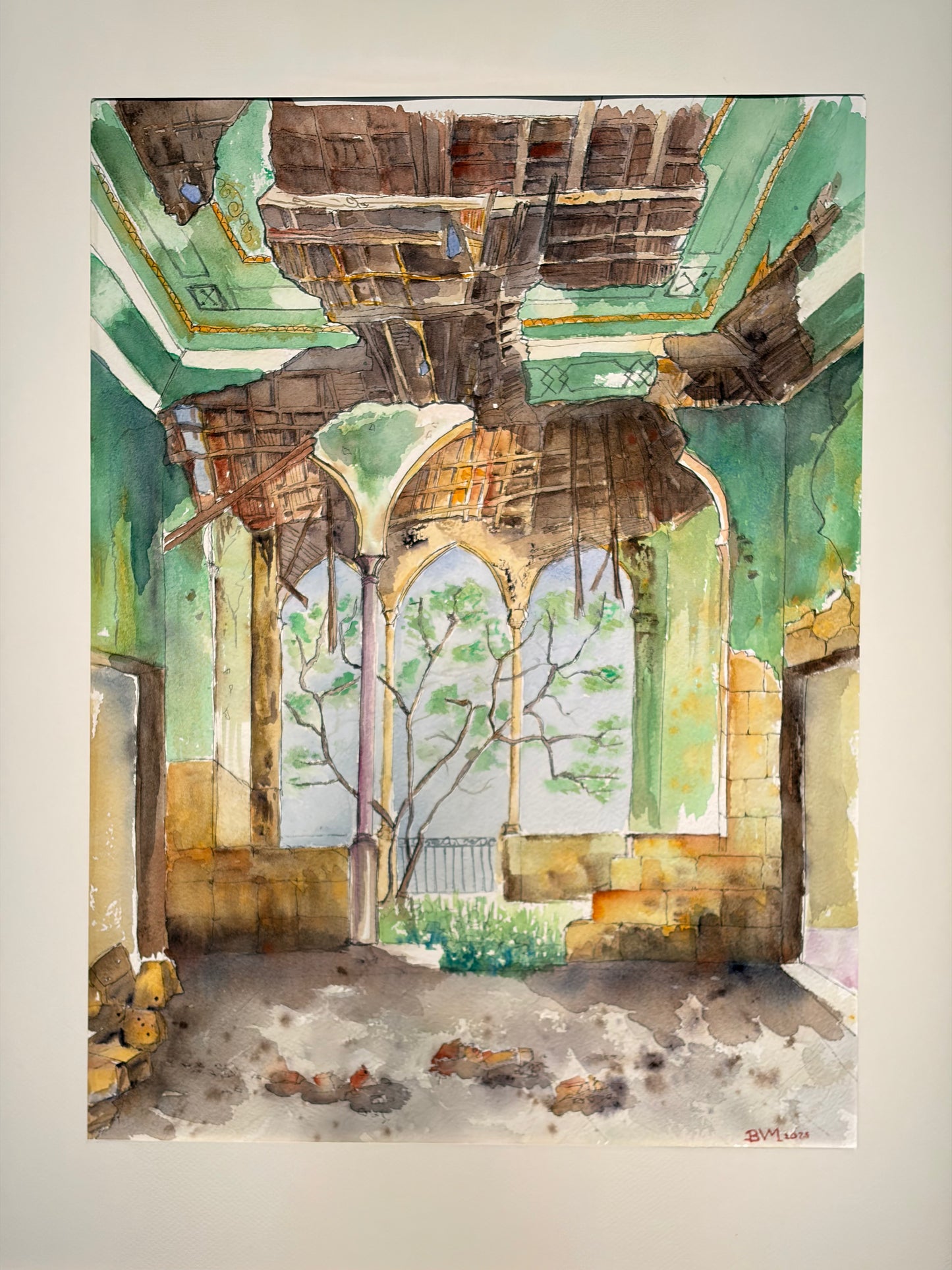 Artistic depiction of an interior space with arches and a tree outside, in watercolor. House in Lebanon