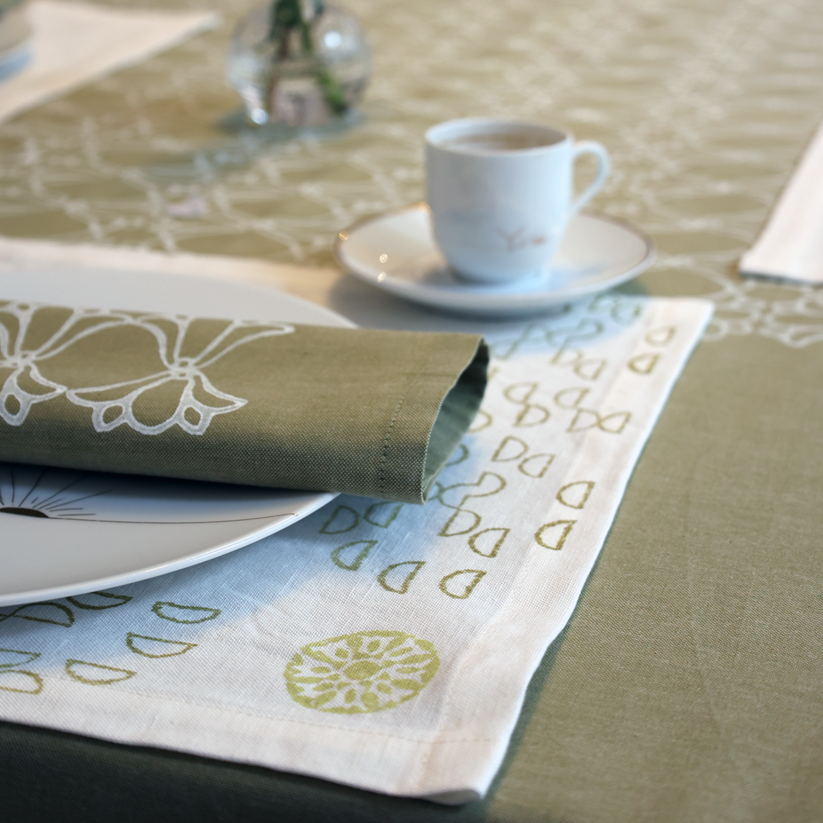 Half Circle Block Printed Linen Runner and Placemats in Ochre