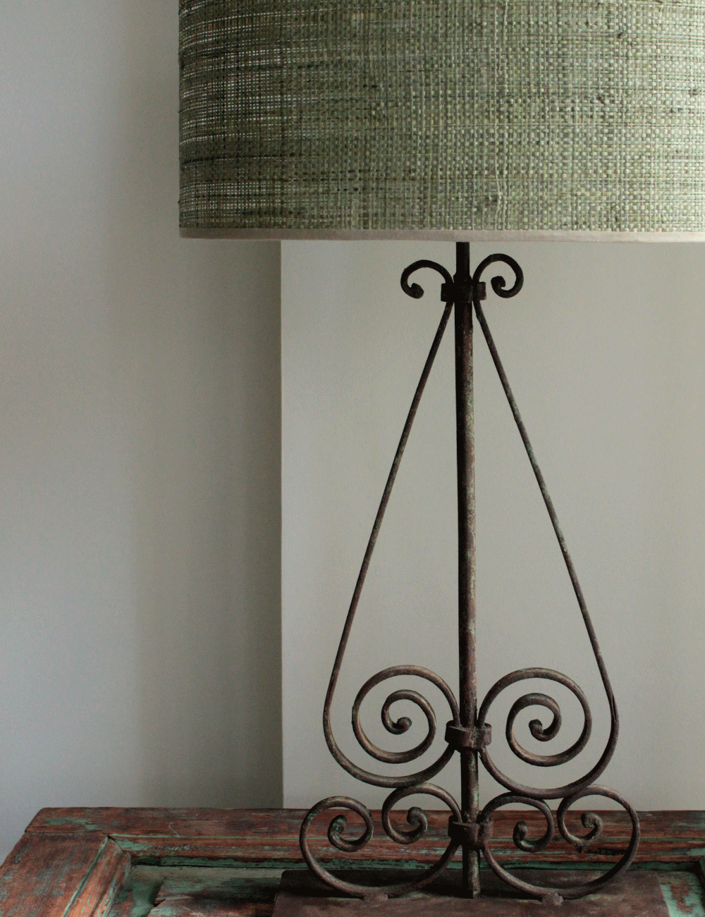 Dancer's Gate Table Lamp: Rustic Green Patina with Raffia Shade