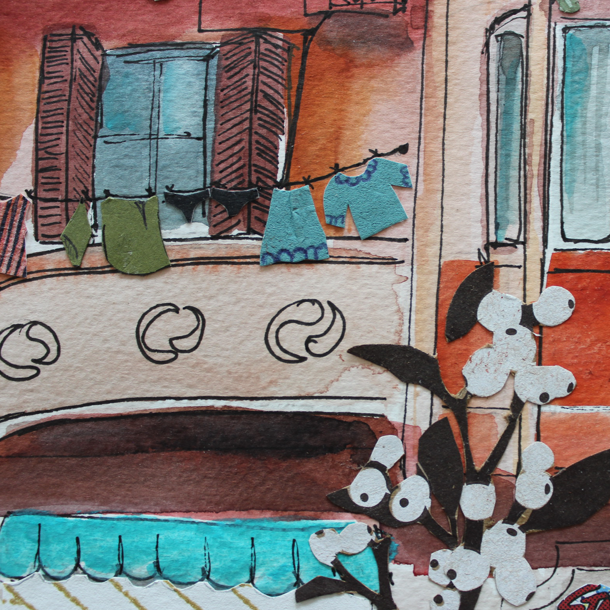 Original Watercolor and Collage La Vie en Rose