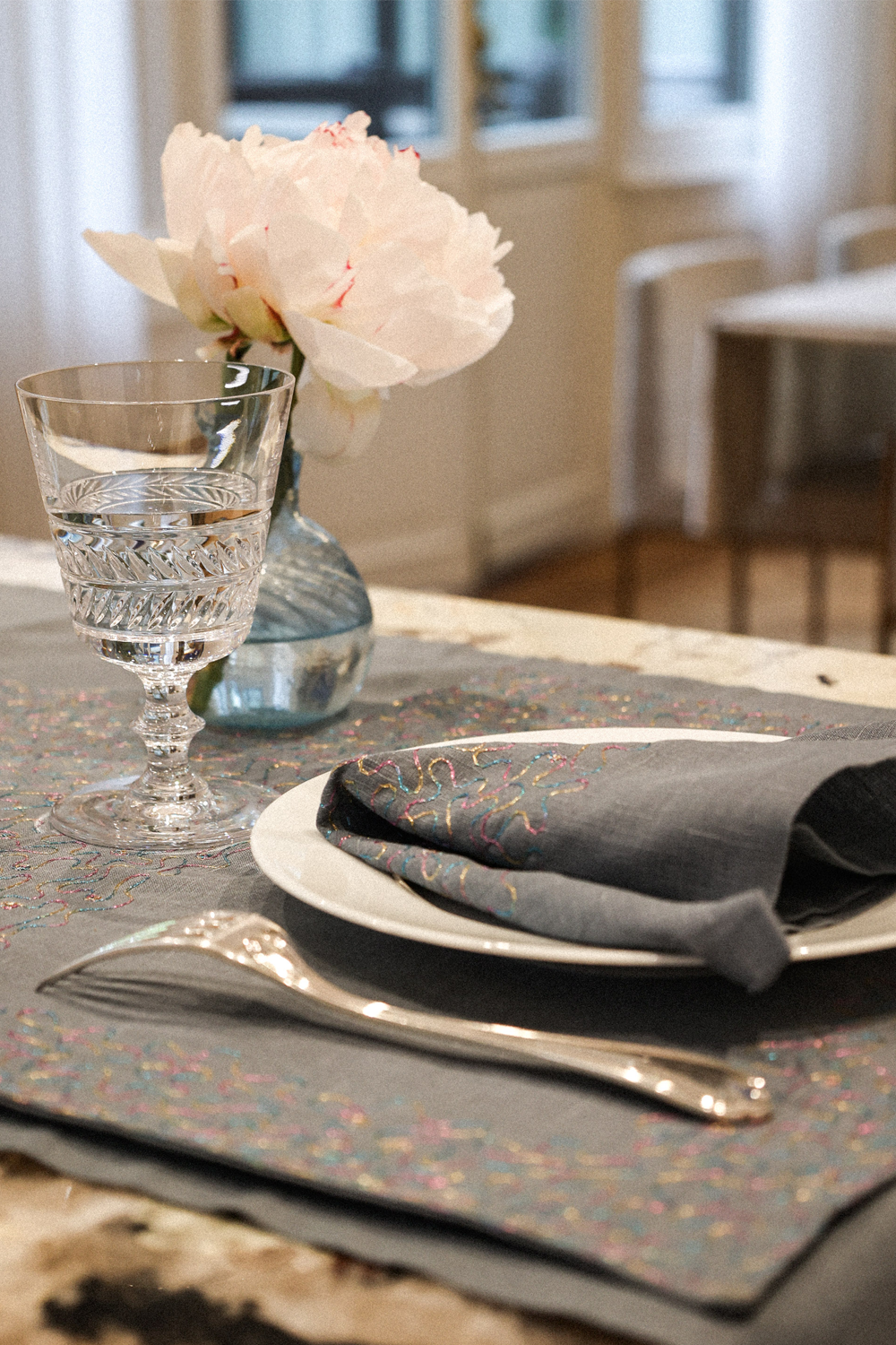 Aghabani Embroidered Napkins on Blue Linen