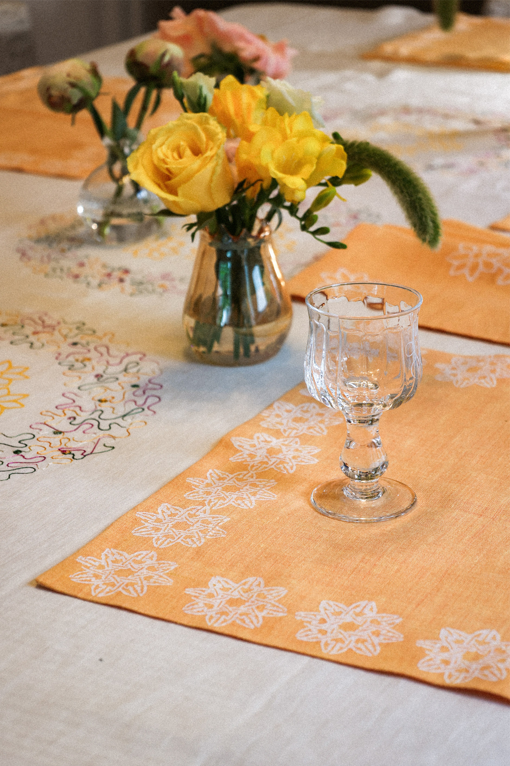 Luminous Flower Blockprinted and Embroidered Tablecloth