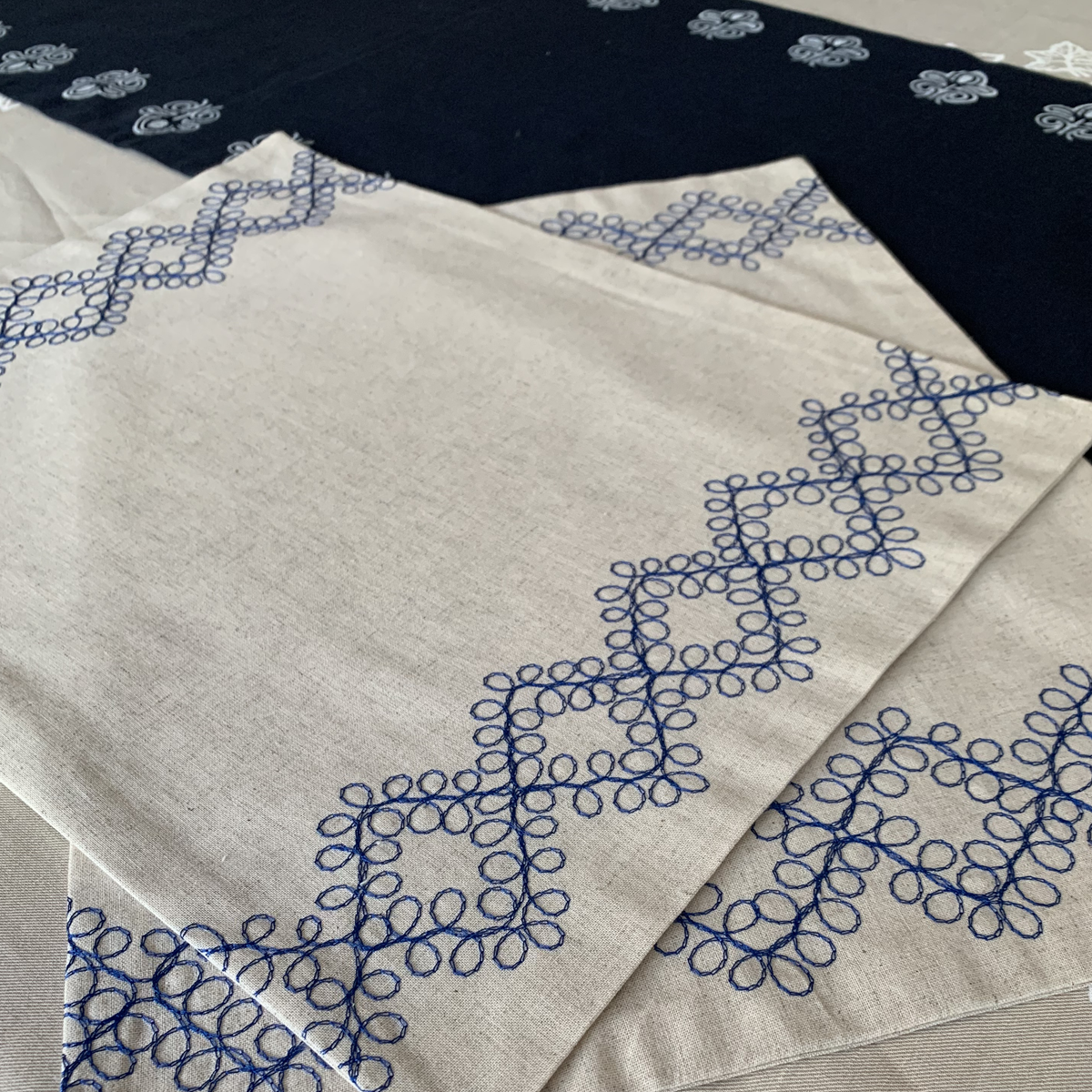 Beige Linen Embroidered Placemat Pattern Diamond in Red, Green and Blue
