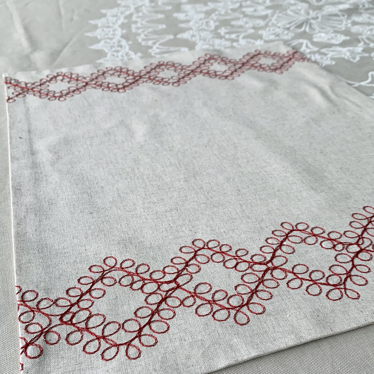 Beige Linen Embroidered Placemat Pattern Diamond in Red, Green and Blue