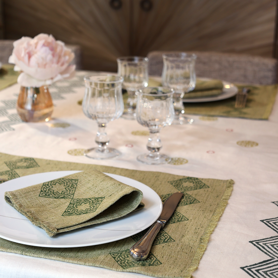 Block Print Linen Placemat Green Diamonds with Fringe Hem