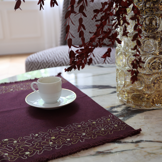 Eggplant Linen Placemat with Aghabani Embroidery Gold and Silver
