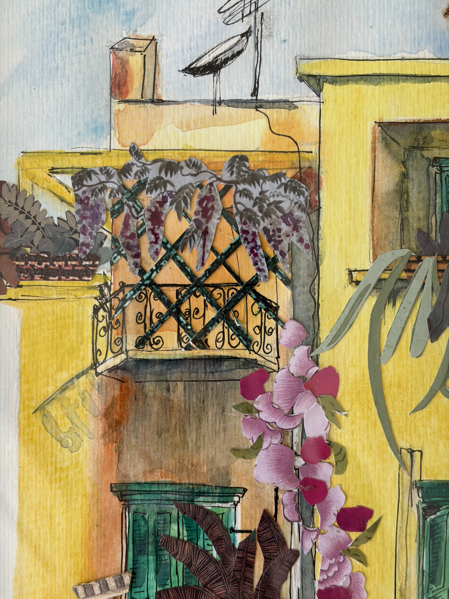 Aquarelle et collage original 21X26 Le bâtiment jaune avec des glycines