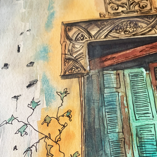 Resilience and Beauty in Imperfection: Watercolor Painting of a Broken Door in Beirut 22X30