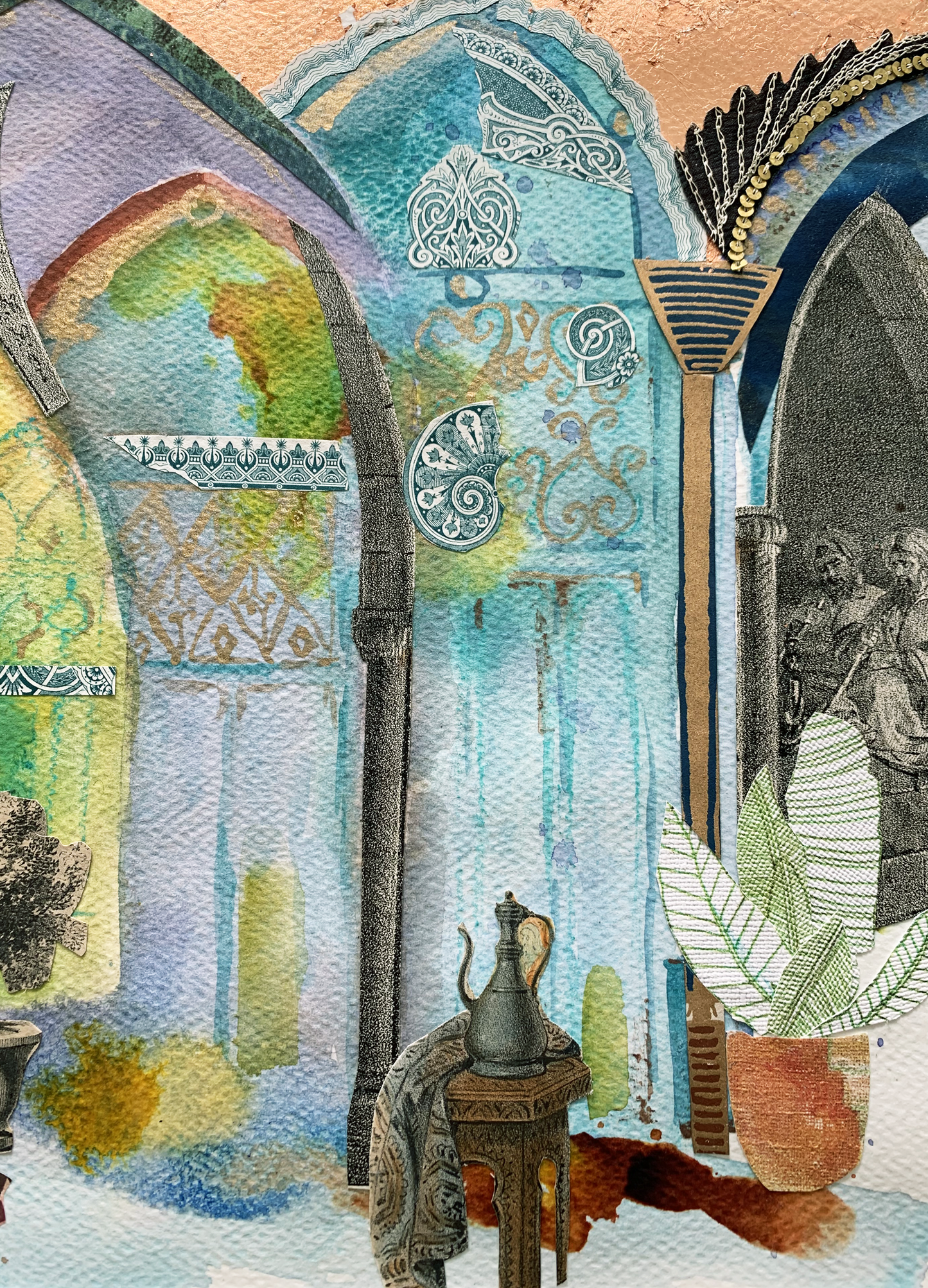Original watercolor and mixed media The golden Souk