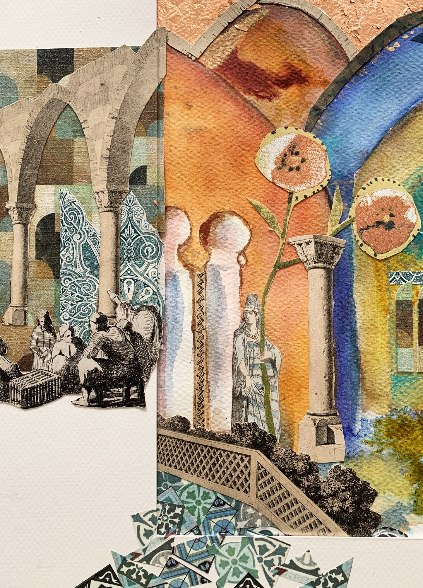 Original watercolor and mixed media The golden Souk