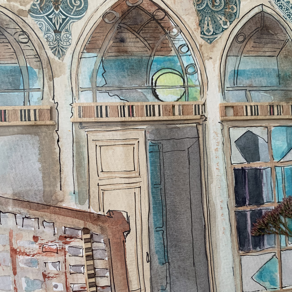 Original Watercolor and collage 36 X 22 Côté Cour