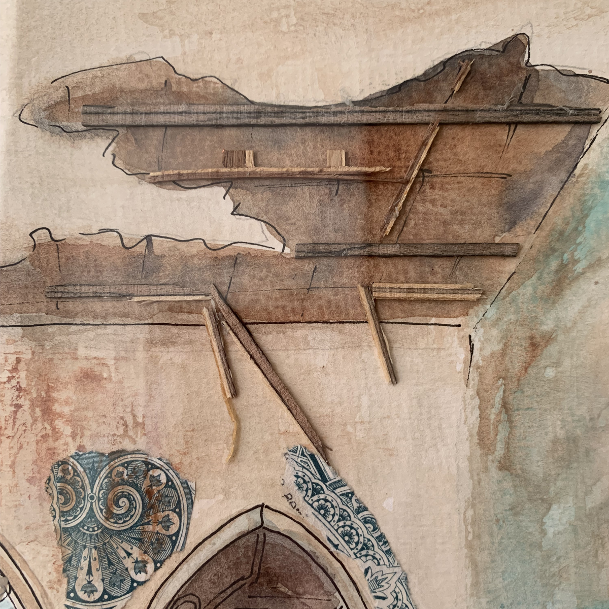 Original Watercolor and collage 36 X 22 Côté Cour