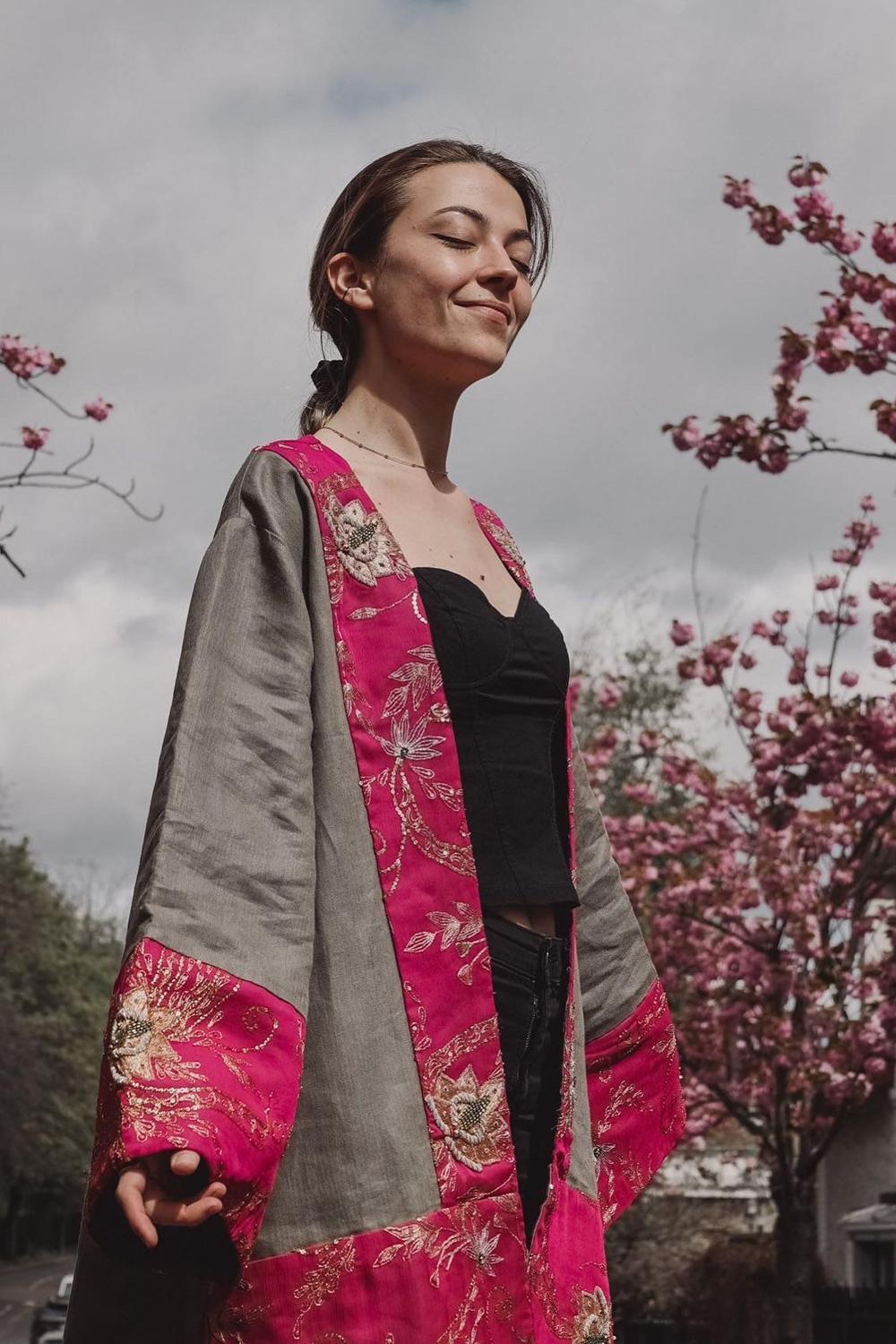 Three Quarter Linen Coat with Embroidered Fuchsia Silk