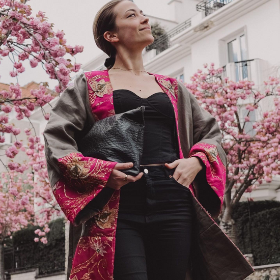 Three Quarter Linen Coat with Embroidered Fuchsia Silk