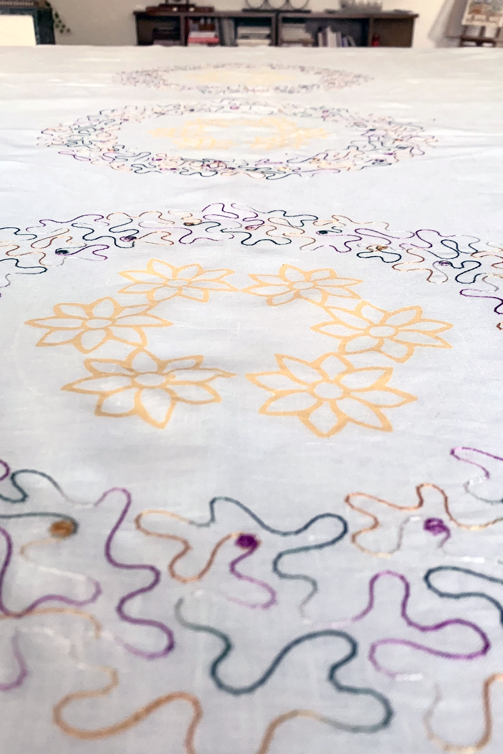 Luminous Flower Blockprinted and Embroidered Tablecloth