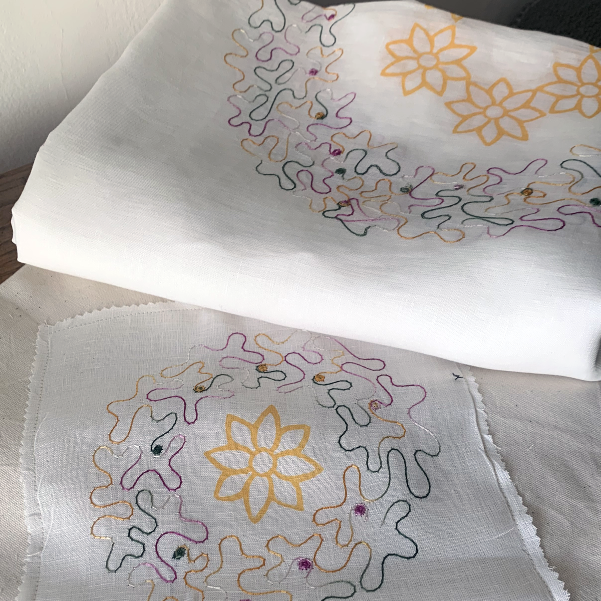 Luminous Flower Blockprinted and Embroidered Tablecloth