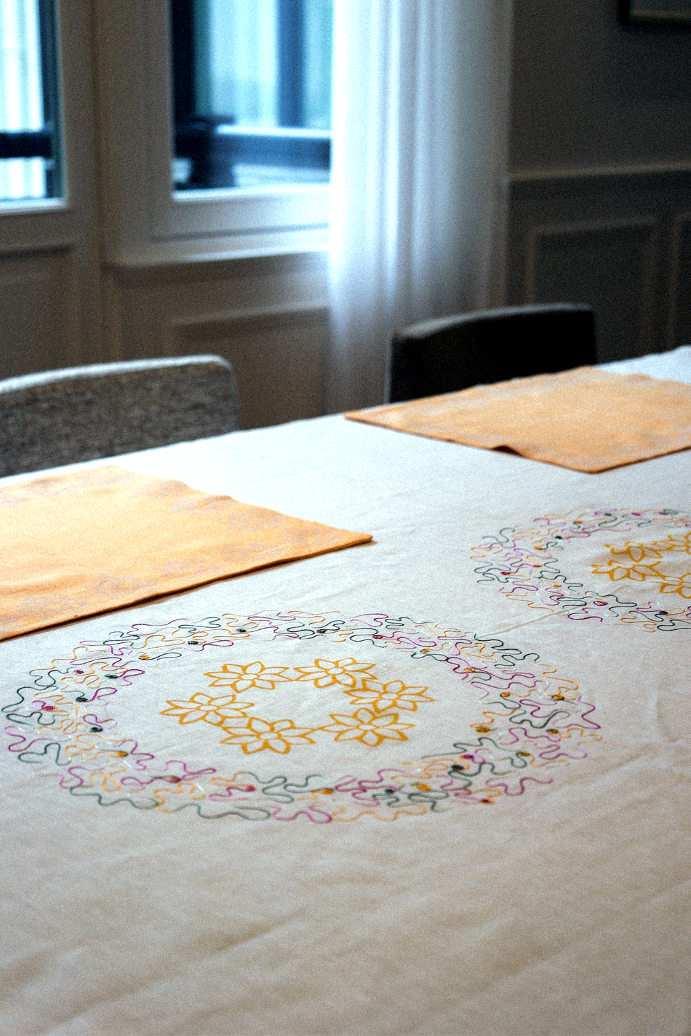 Luminous Flower Blockprinted and Embroidered Tablecloth