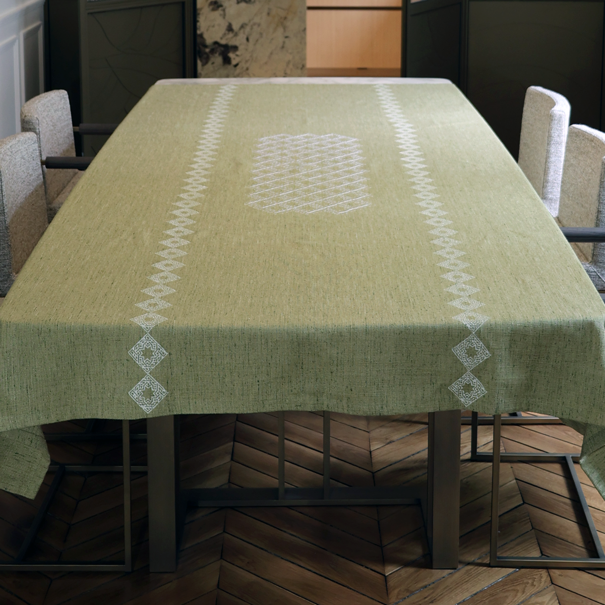 Anis Green Thick Linen Tablecloth - Unique Block Printing and Embroidery Aghabani