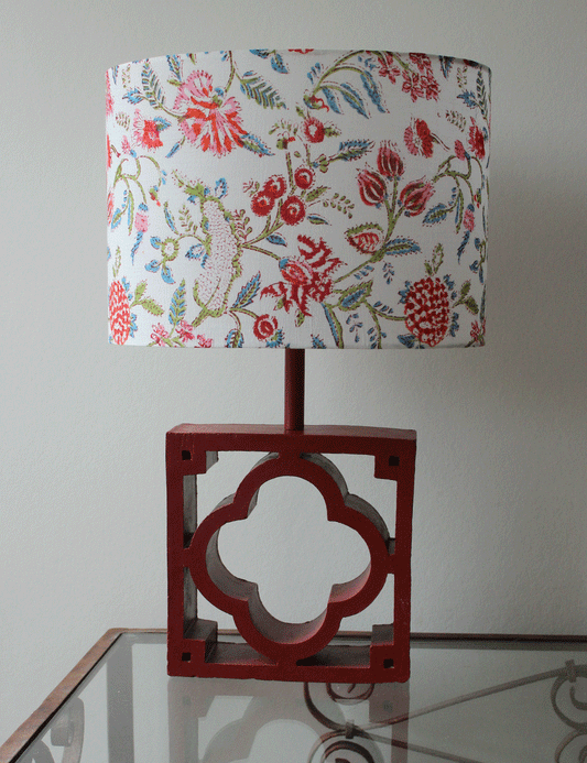 Upcycled claustra table lamp in velvet red