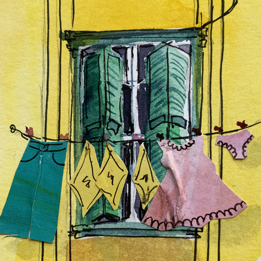 Original Watercolor and Collage 25X31 The Yellow Building with Wisteria