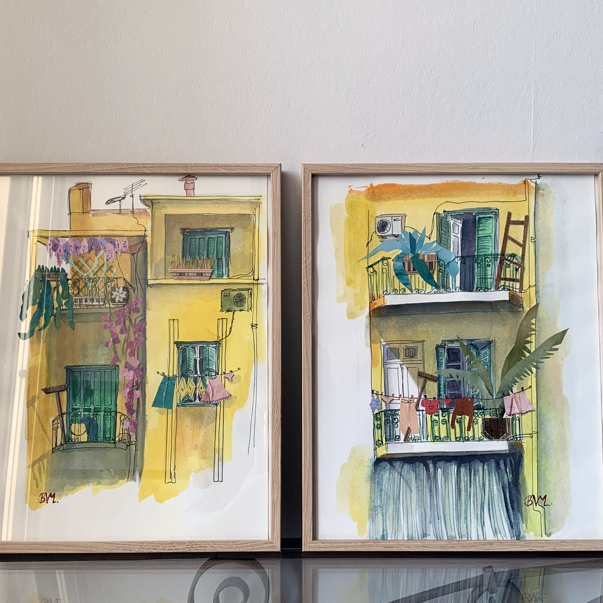 Original Watercolor and Collage 25X31 The Yellow Building with Wisteria