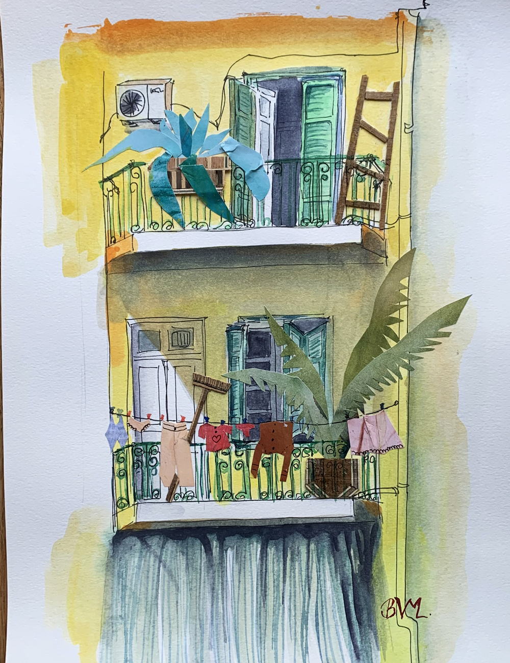 Original Watercolor and Mixed Media 25X31 The Yellow Building with Curtains