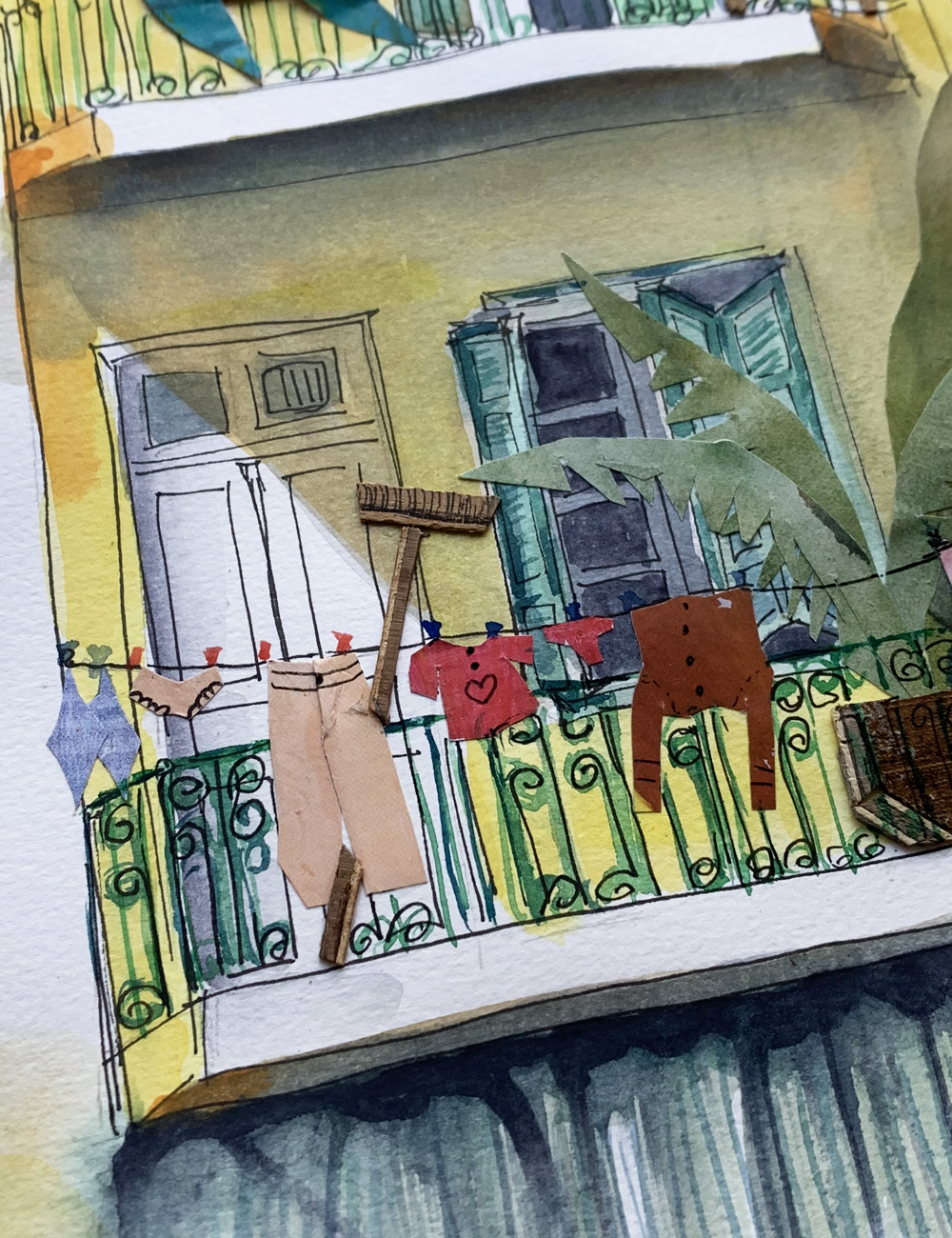 Original Watercolor and Mixed Media 25X31 The Yellow Building with Curtains