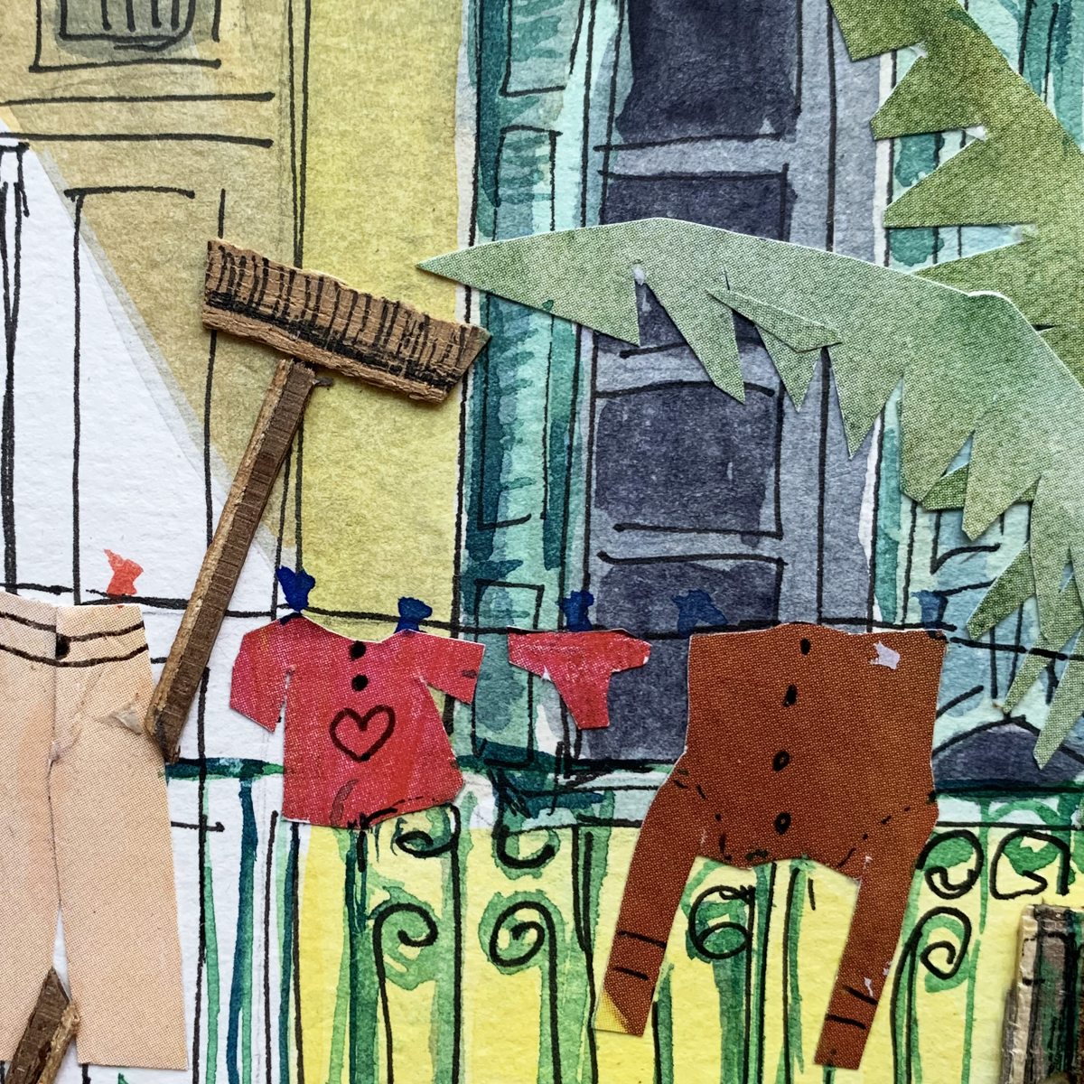 Original Watercolor and Mixed Media 25X31 The Yellow Building with Curtains