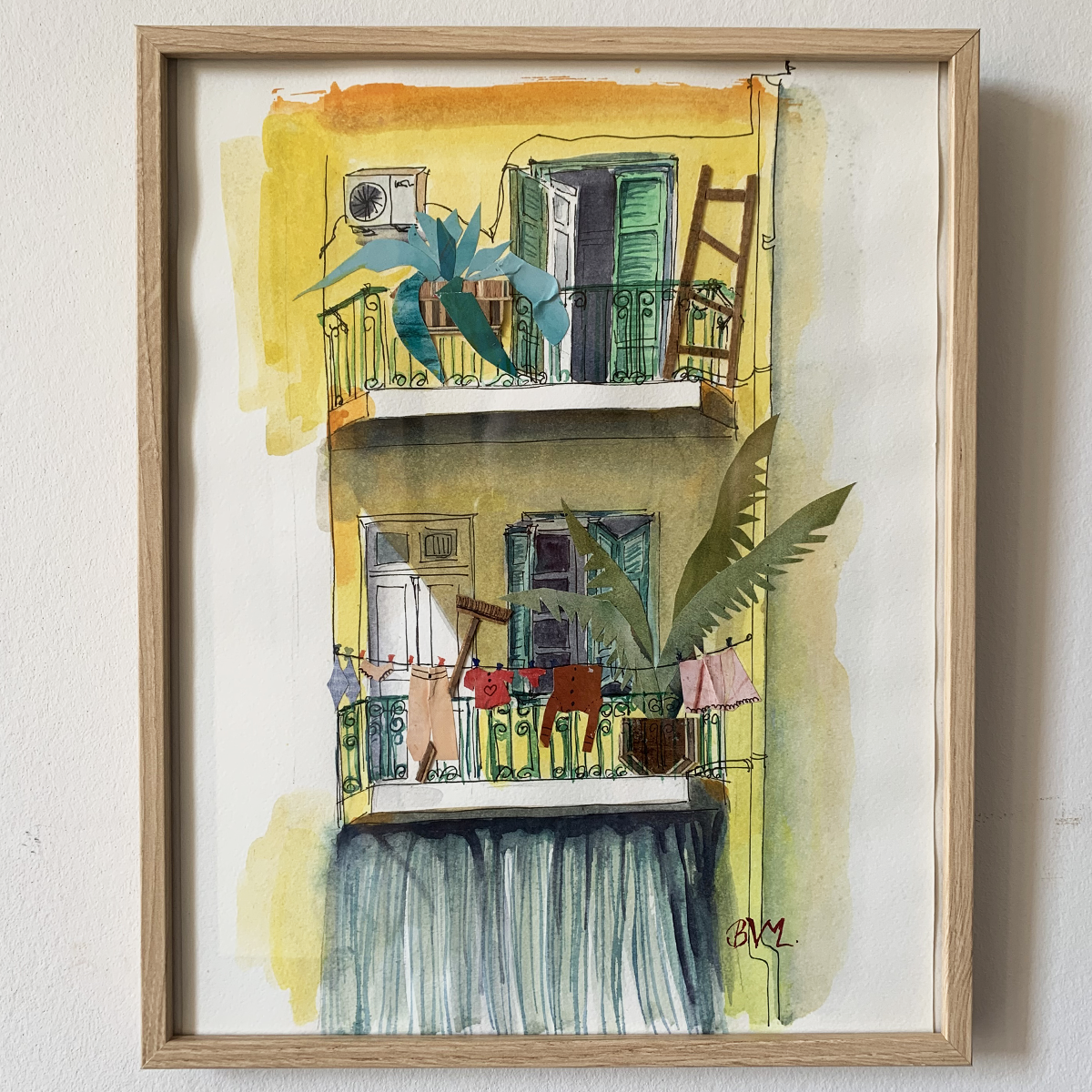 Original Watercolor and Mixed Media 25X31 The Yellow Building with Curtains