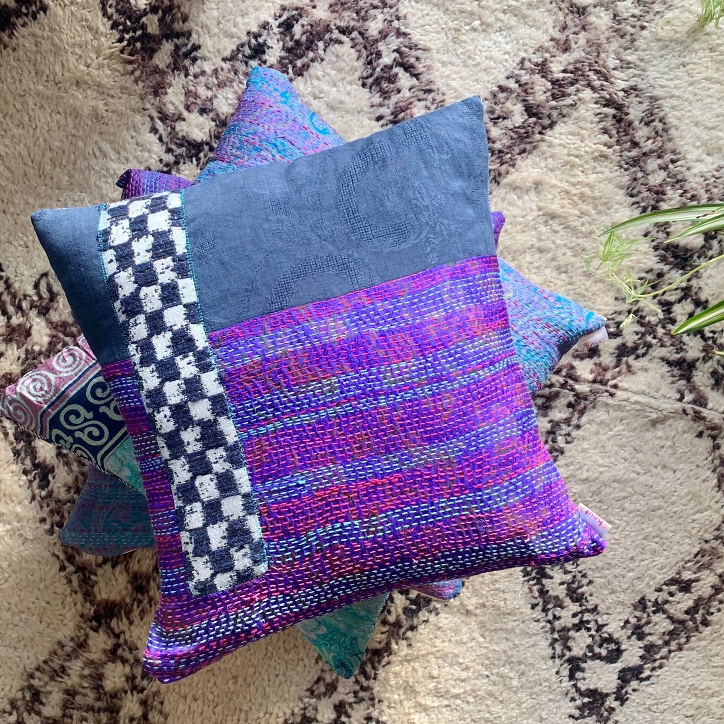 Sustainable throw pillow cover Purple and Damier