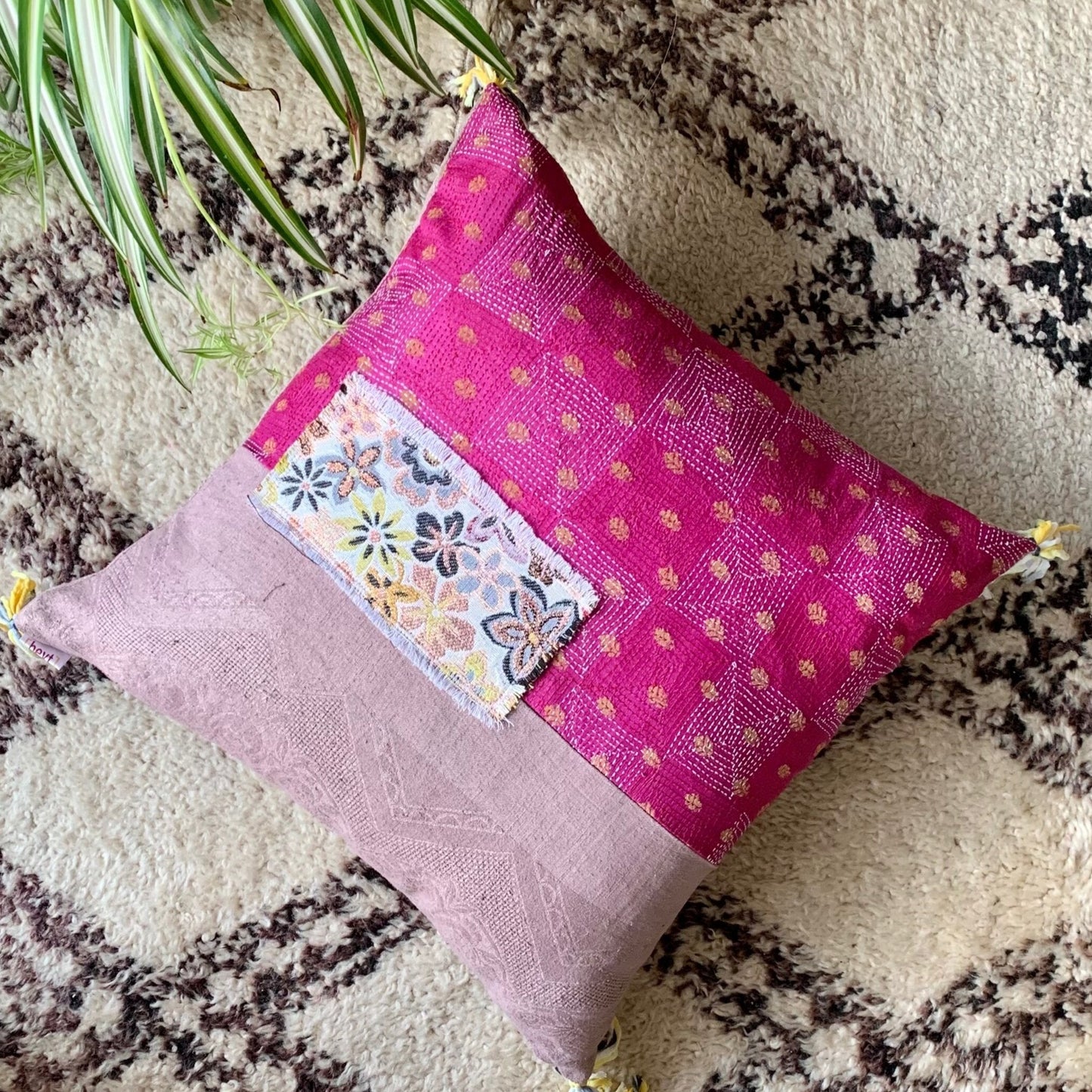 Vintage fabrics square pillow cover Fuchsia