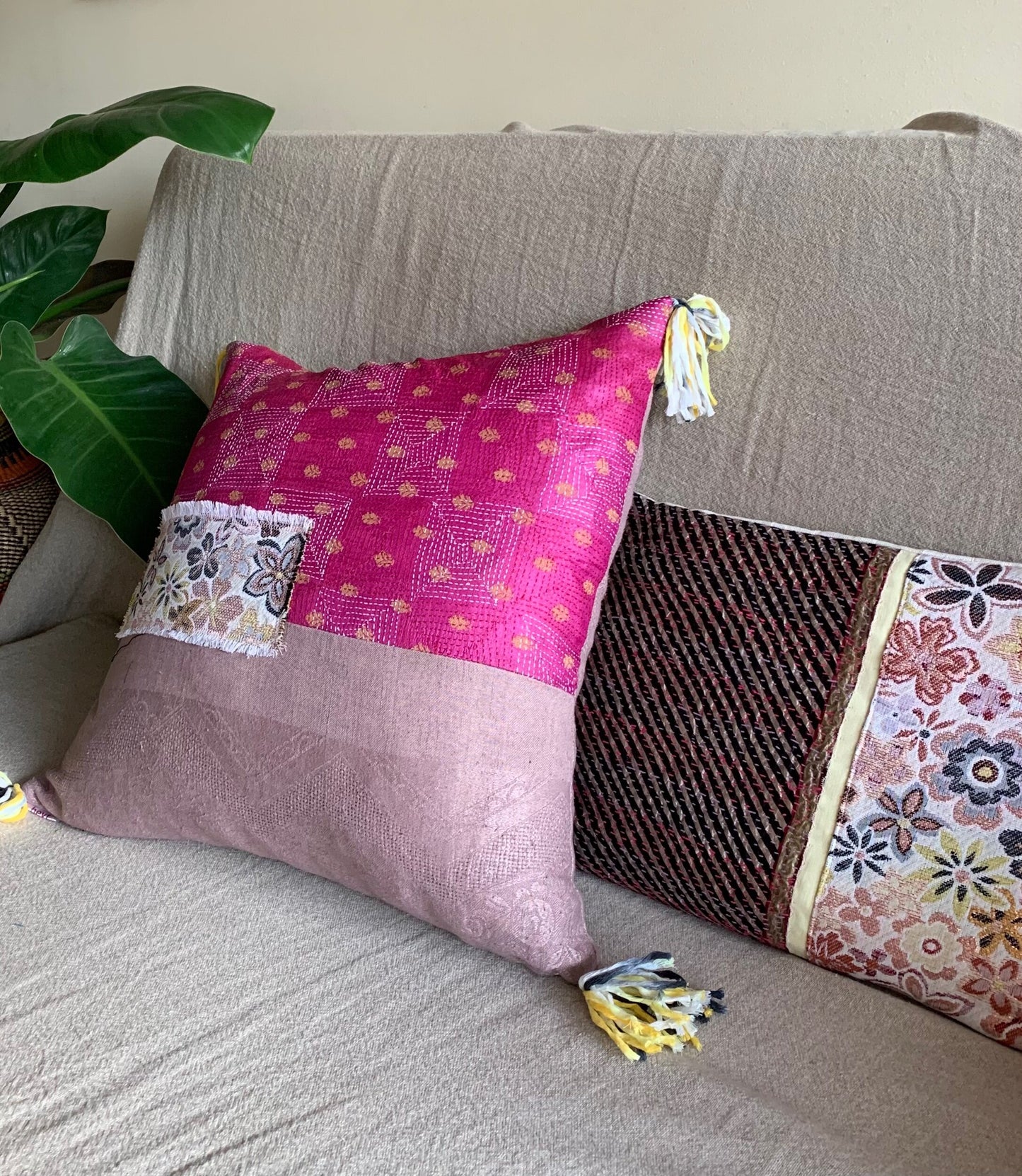 Vintage fabrics square pillow cover Fuchsia