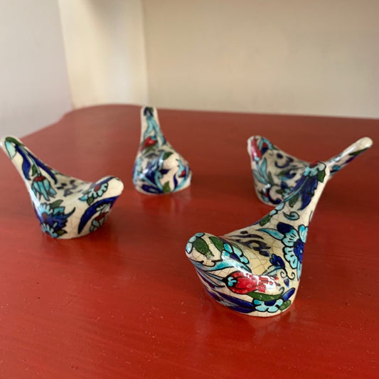 Set of 4 hand painted glazed ceramic mini birds