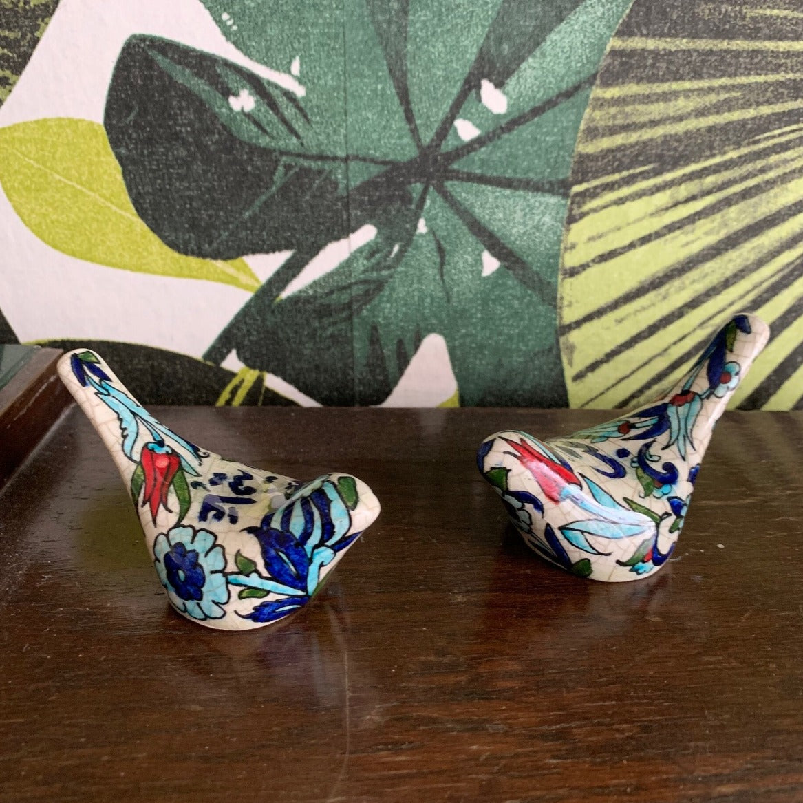 Set of 4 hand painted glazed ceramic mini birds