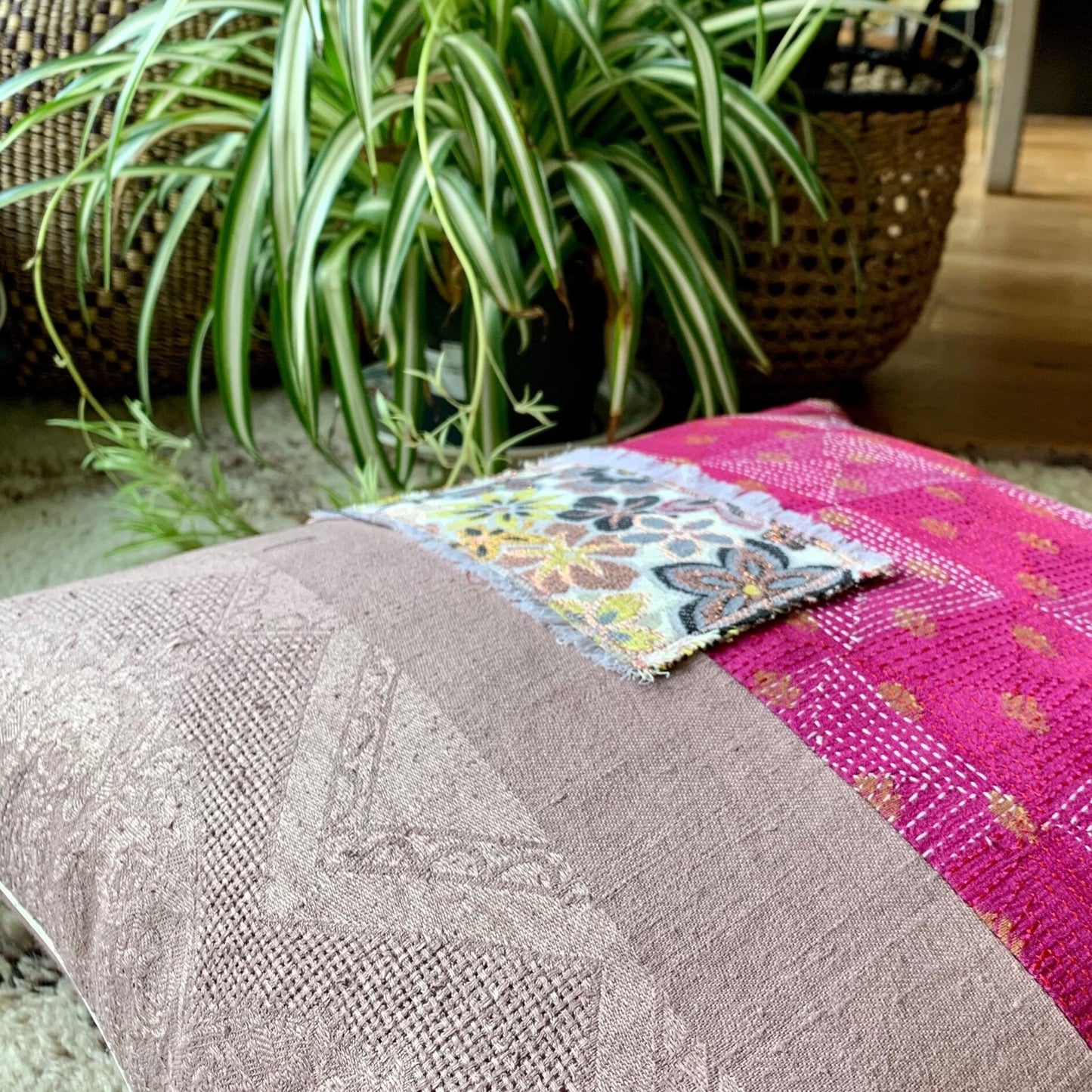 Vintage fabrics square pillow cover Fuchsia