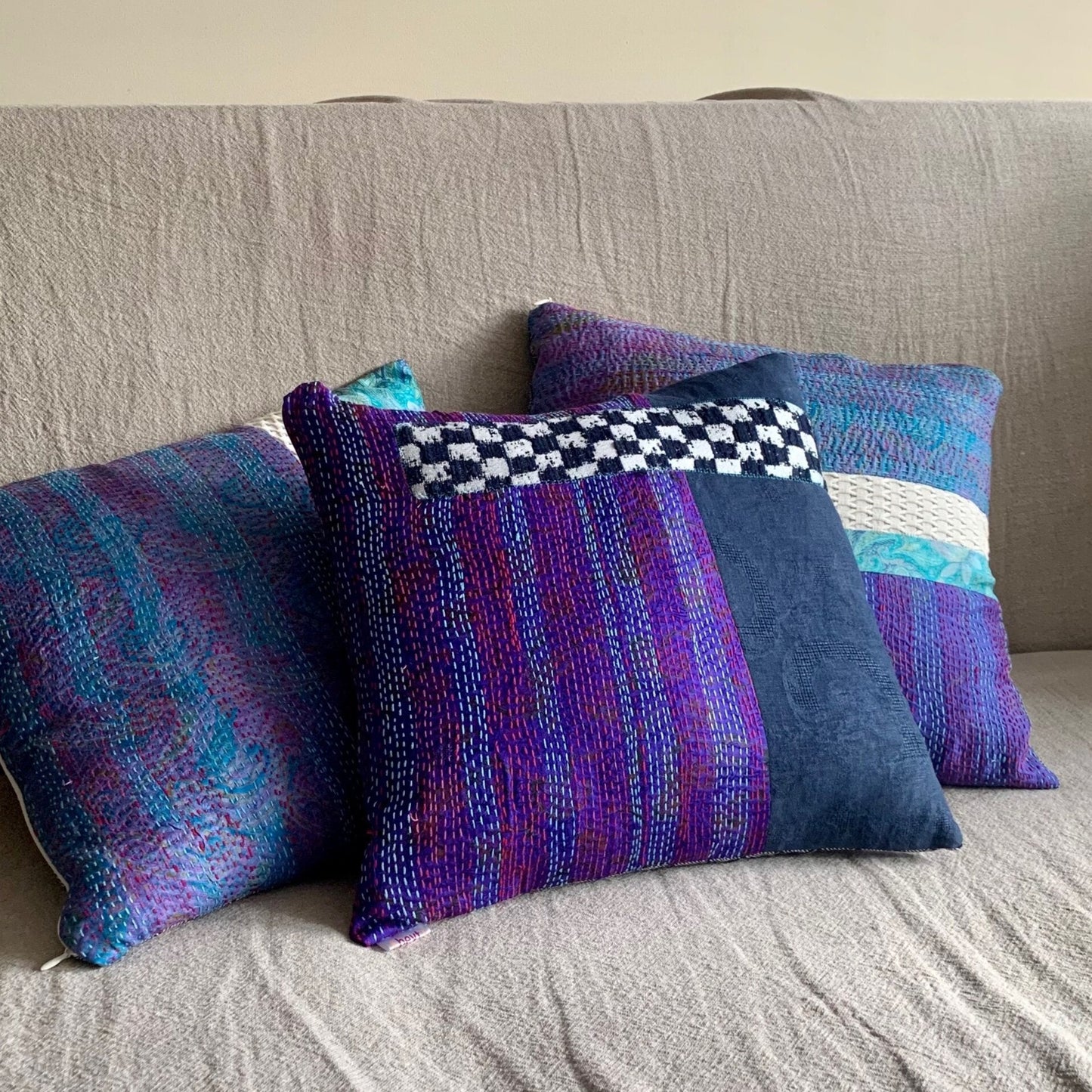 Sustainable throw pillow cover Purple and Damier