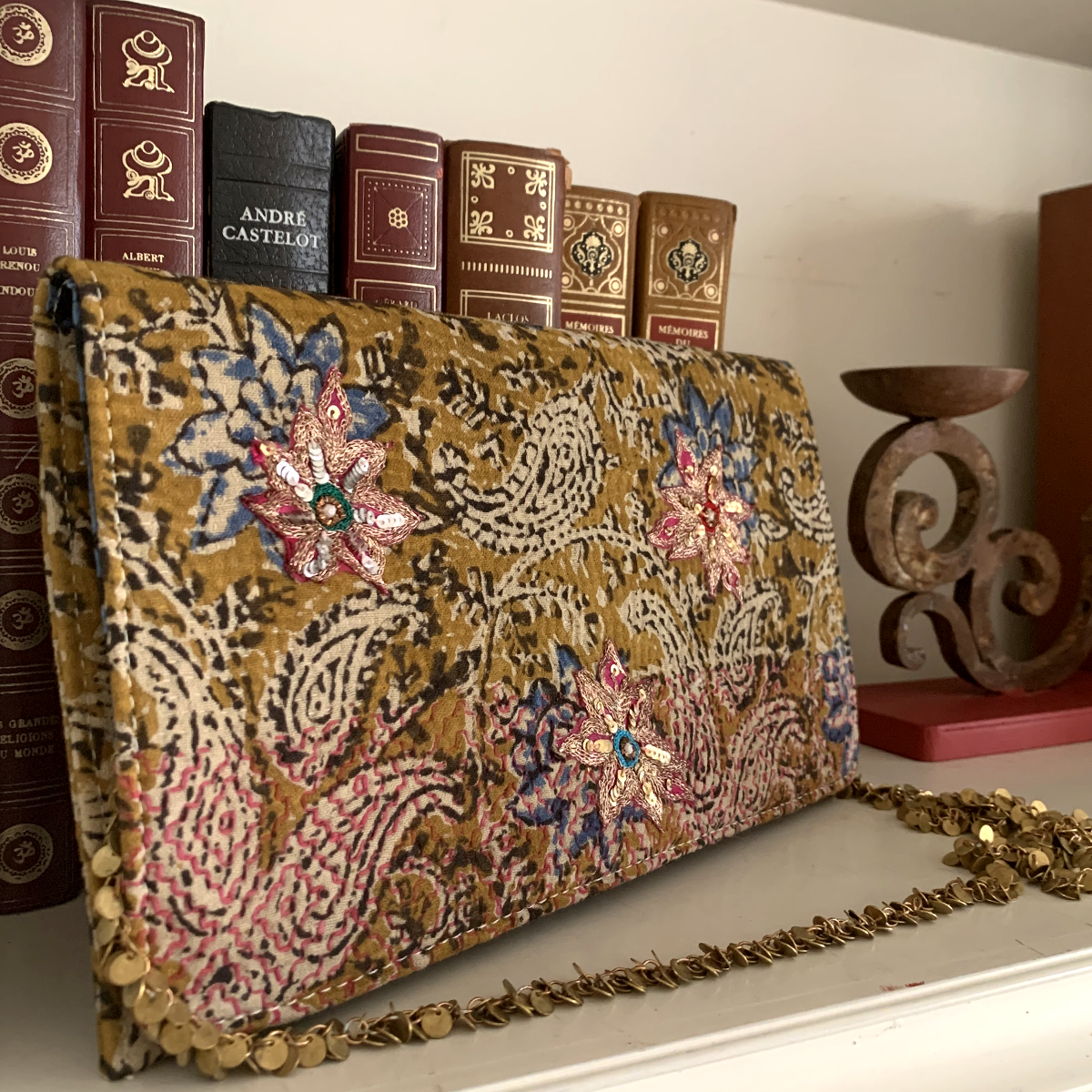 Ochre-Blue Kantha Star Clutch: A Handcrafted Celebration of Traditional Textiles