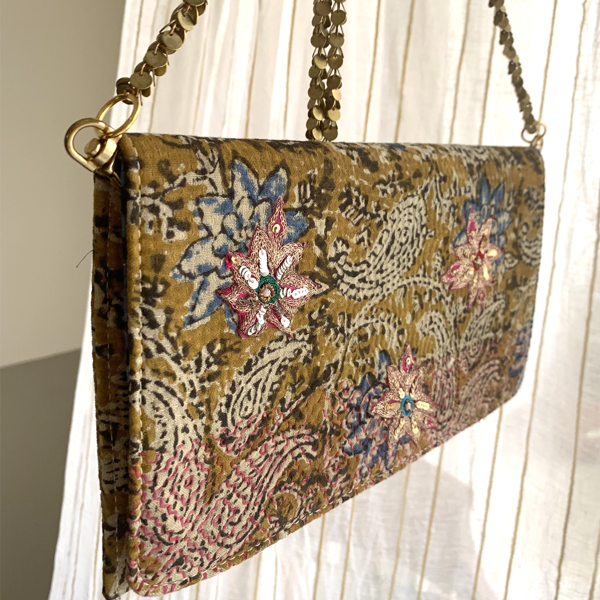 Ochre-Blue Kantha Star Clutch: A Handcrafted Celebration of Traditional Textiles