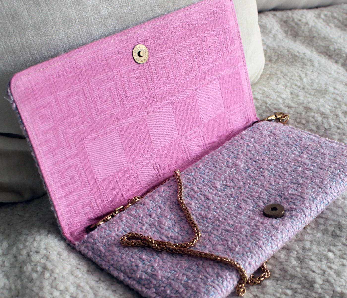 Handcrafted Lavender Wool Clutch with Vintage Embroidery Bird Design