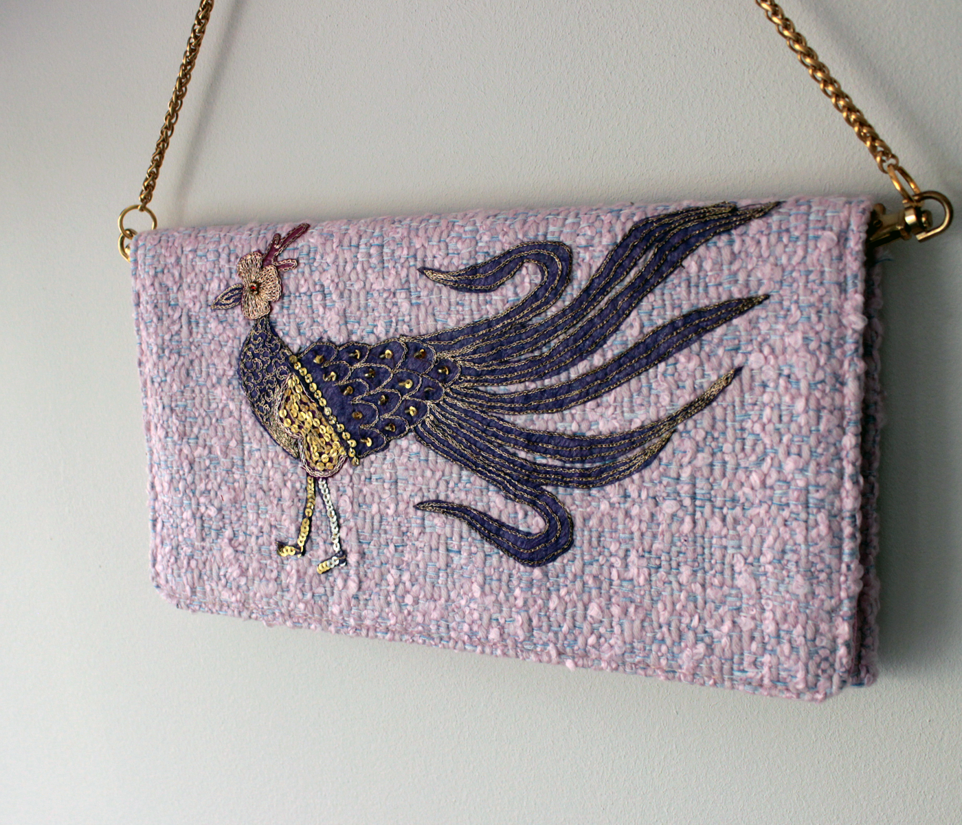 Handcrafted Lavender Wool Clutch with Vintage Embroidery Bird Design