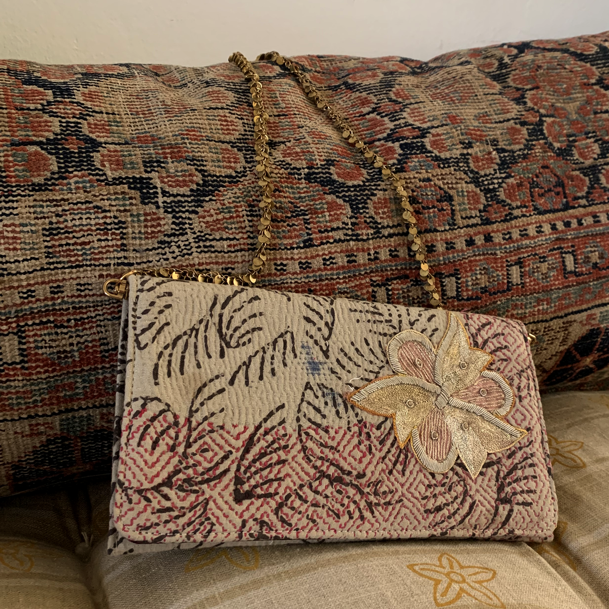 Golden Bloom: Handmade Clutch with Large Embroidered Flower