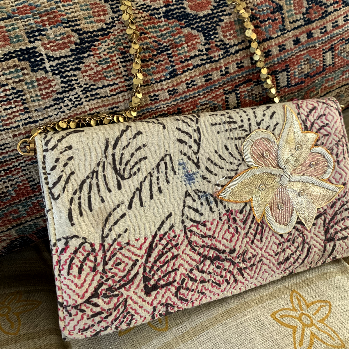 Golden Bloom: Handmade Clutch with Large Embroidered Flower