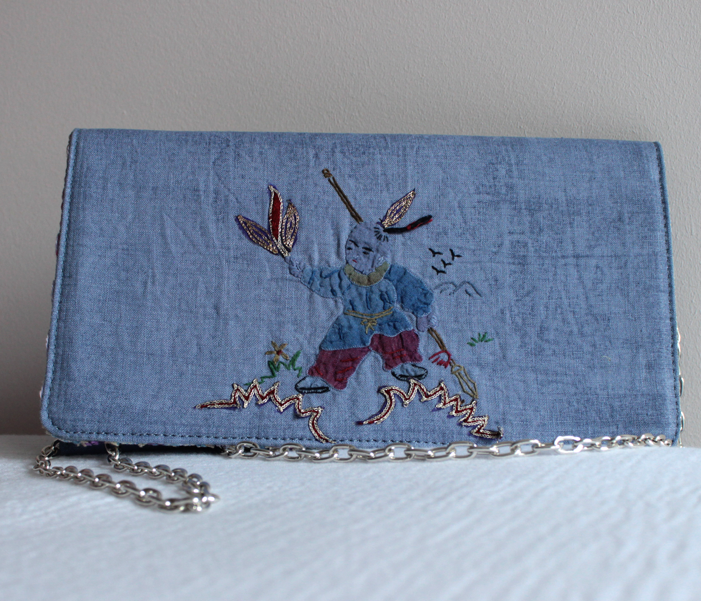 Blue Damask Linen Embroidered Clutch