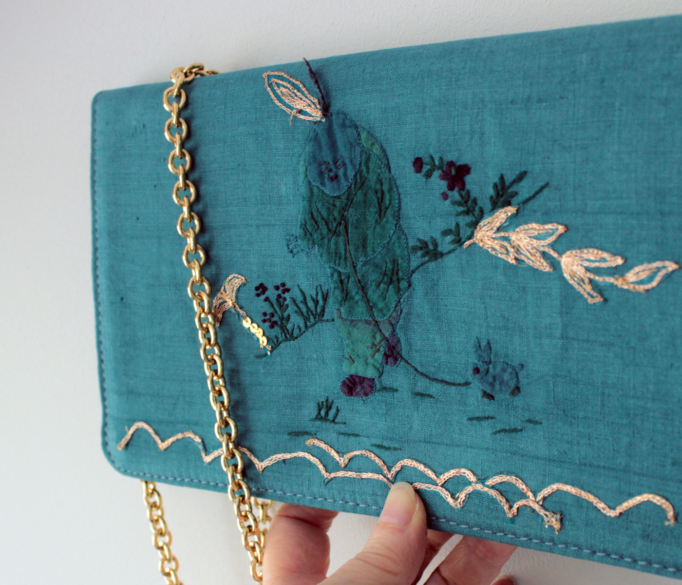 Handmade Emerald Green Clutch with Antique Embroidered Napkin