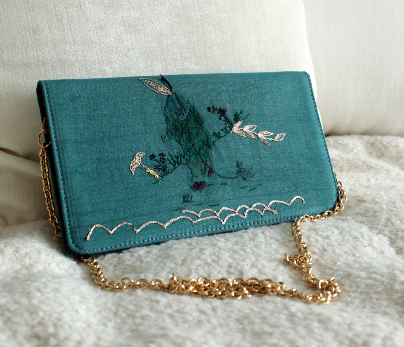 Handmade Emerald Green Clutch with Antique Embroidered Napkin