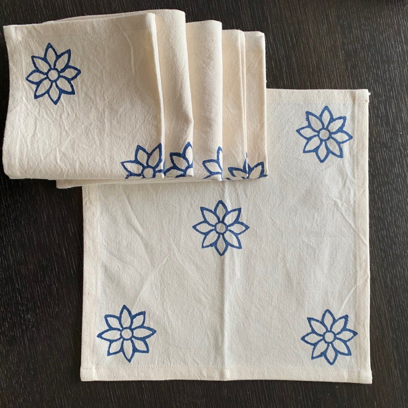 Cotton block printed napkins in green or blue