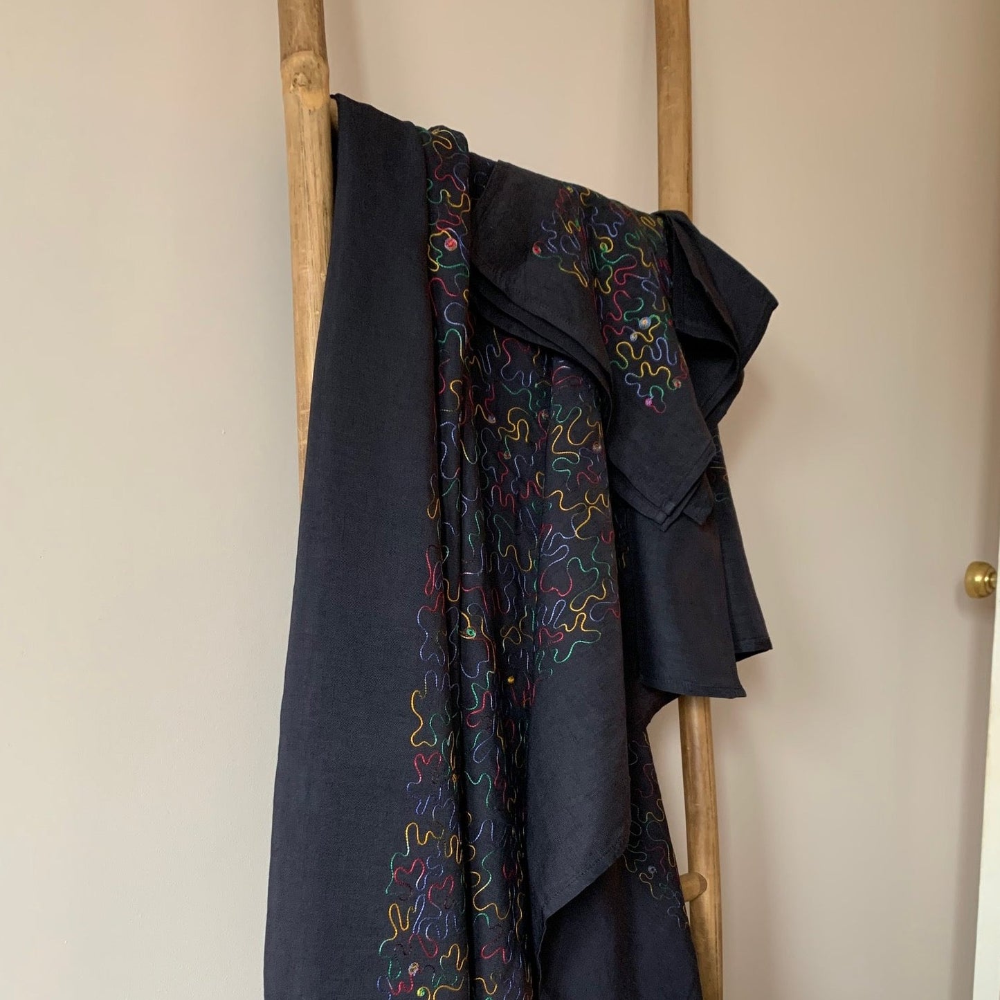 Embroidered 100% linen navy blue tablecloth